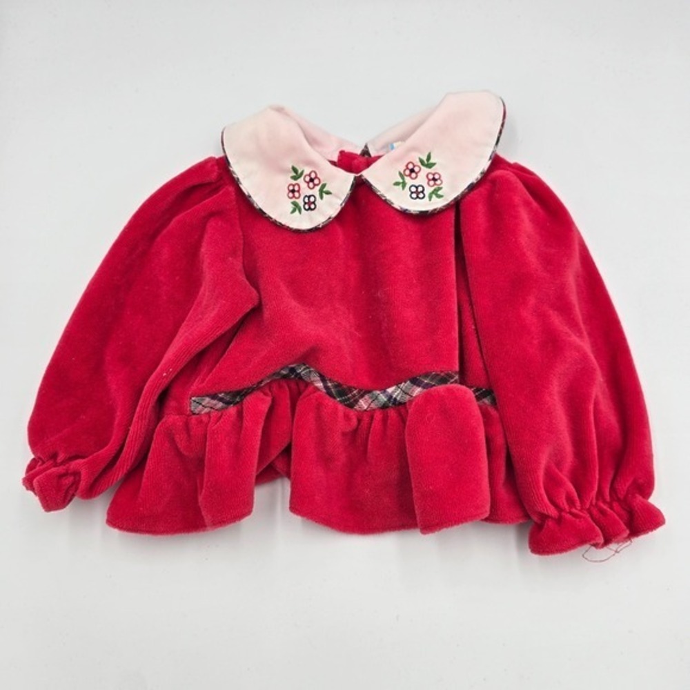 Vintage Red‎ Velour Baby Top Embroidered Collar Plaid Ruffle Trim 6-9 Months